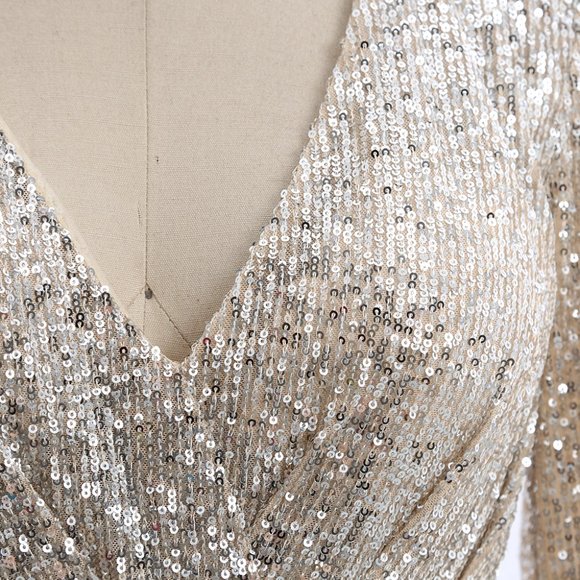 Sequin Long Sleeves V Nevk Cocktail Short Dress Cocktail Wedding New Year Party - Picture 5 of 7